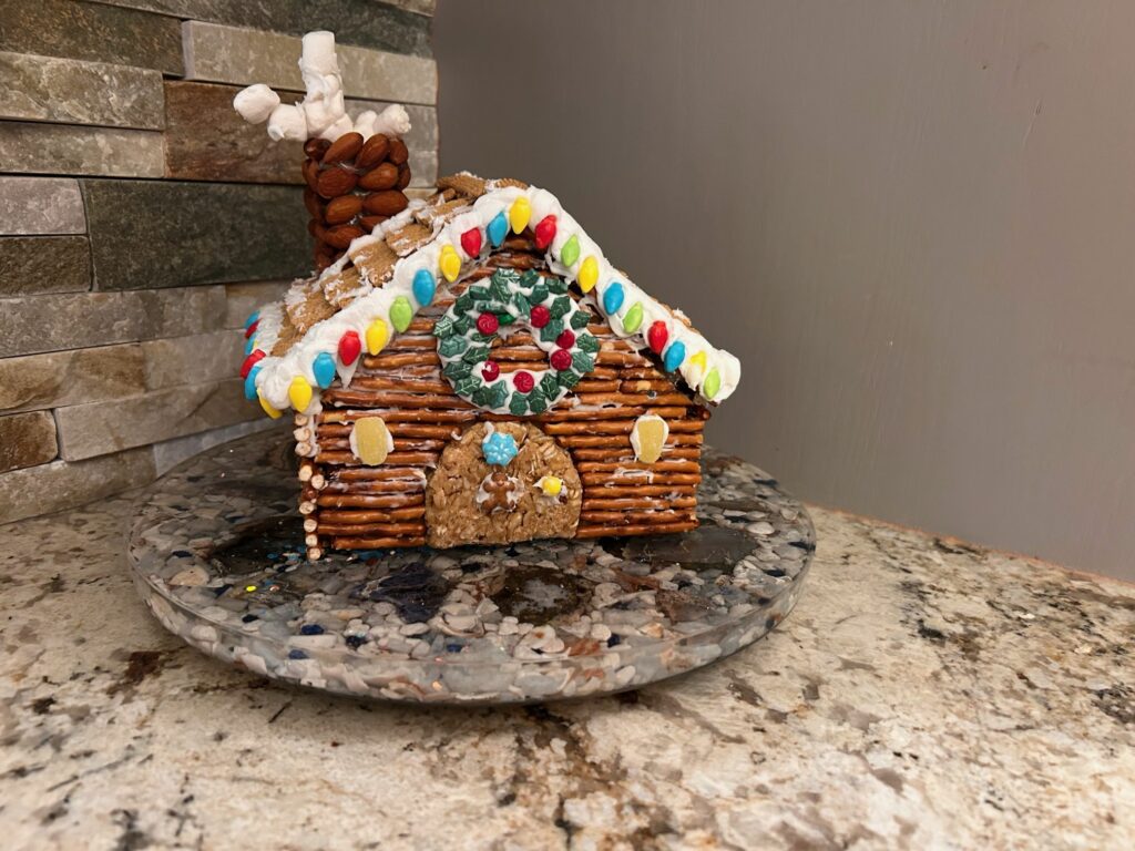 log cabin gingerbread house with chimney
