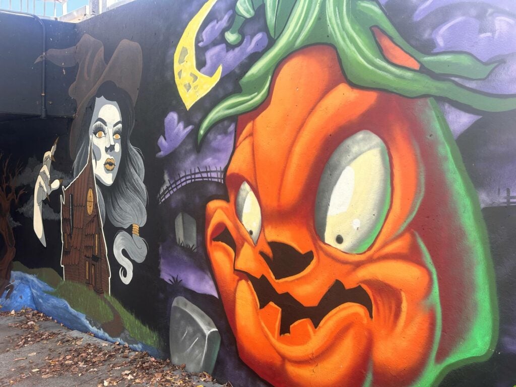 halloween mural in tunnel in downtown anoka