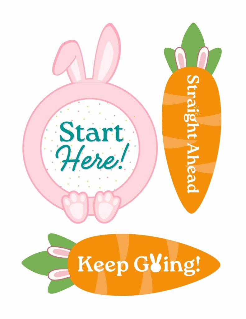 egg hunt kit with start here, straight ahead and keep going signs